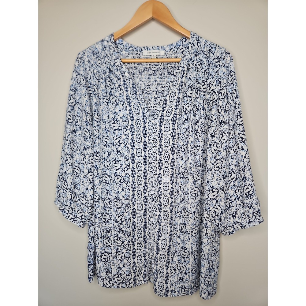 Rose + Olive Blouse 1X Blue Floral Geo Smocked Boho Cottage Coastal Peasant